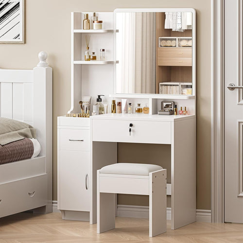 Modern Dressing Table Vanity Desk with Stool Makeup Storage Drawers & Lockable C