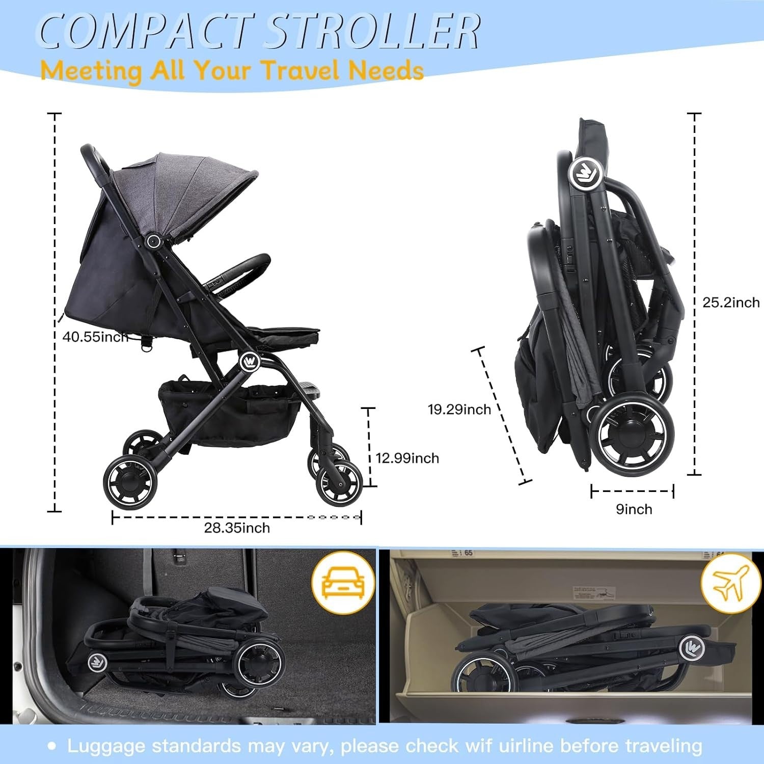 Lightweight Baby Stroller One Hand Fold Compact Travel Pushchair w Basket