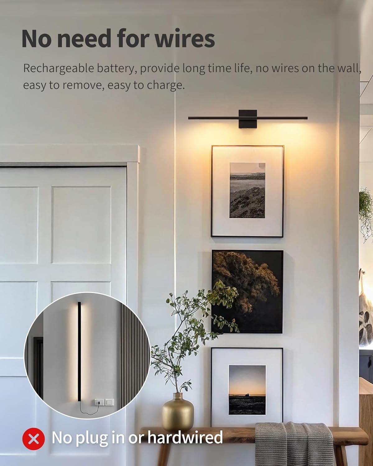 Rechargeable LED Wall Sconces Set of 2, Dimmable, Remote Control, 23.6"