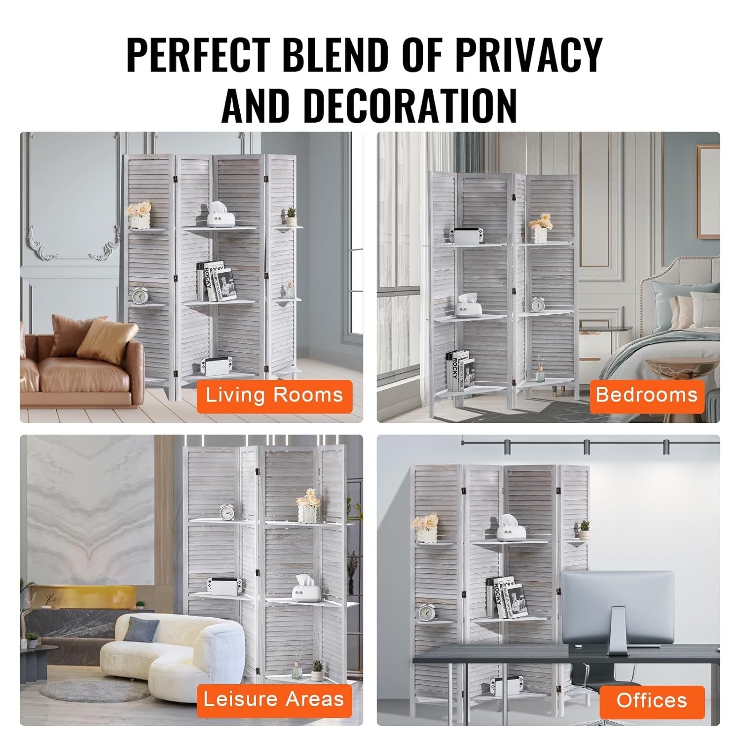 4 Panel Wooden Folding Room Divider with Shelves Light Brown 122x170cm