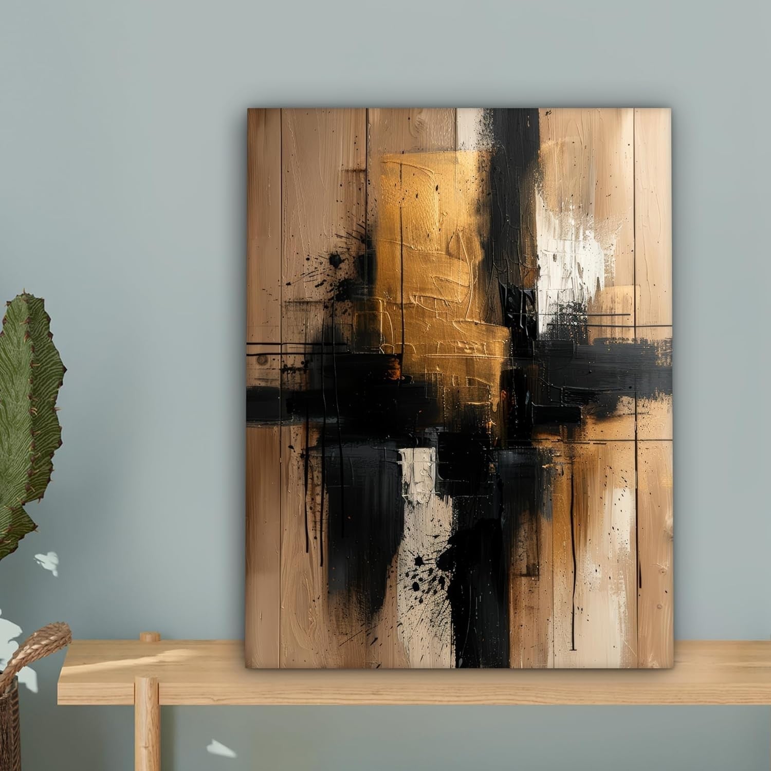 Gold Black Abstract Canvas Wall 30x40cm Framed Modern
