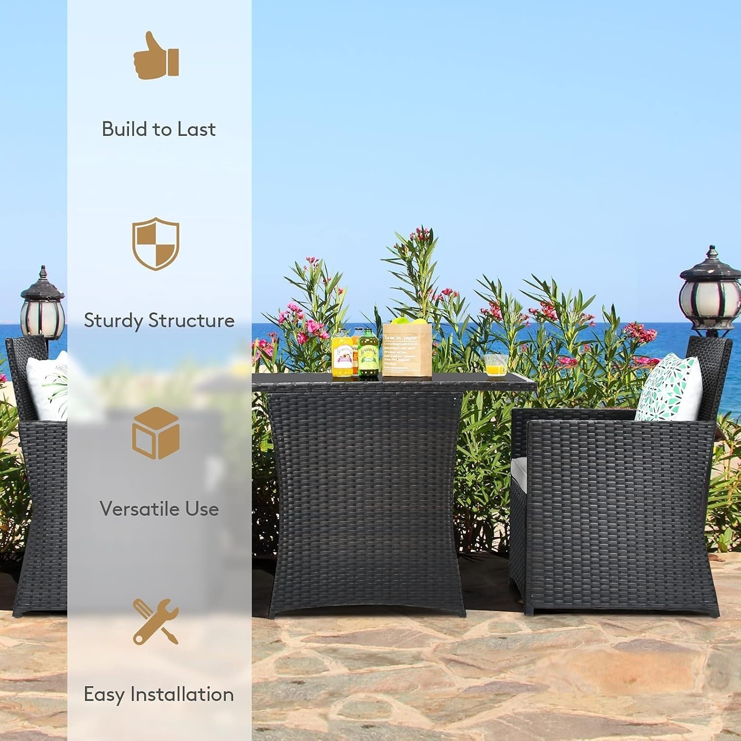3 Piece Rattan Patio Dining Set Glass Table Outdoor Chairs with Cushions
