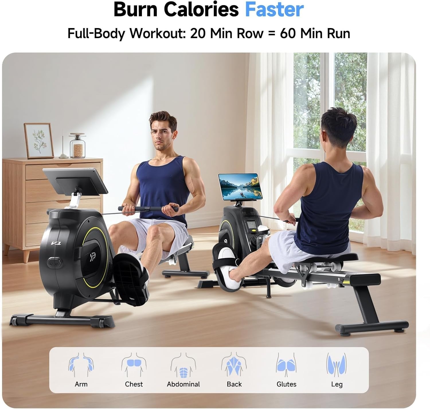 Magnetic Rowing Machine 16-Level Quiet Foldable Dual Rail 350LB App Home Rower