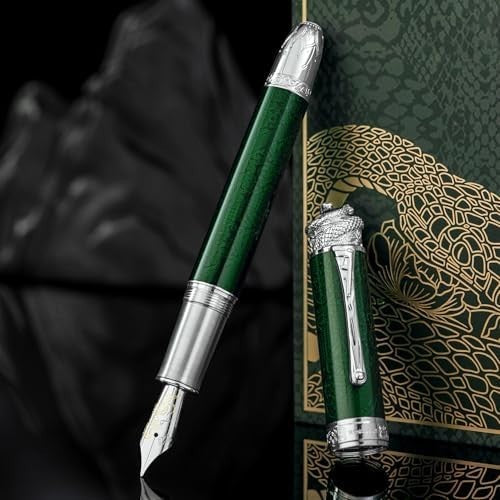 Emerald Green Piston Fountain Pen Extra Fine Nib Snake Engraved Gift Set