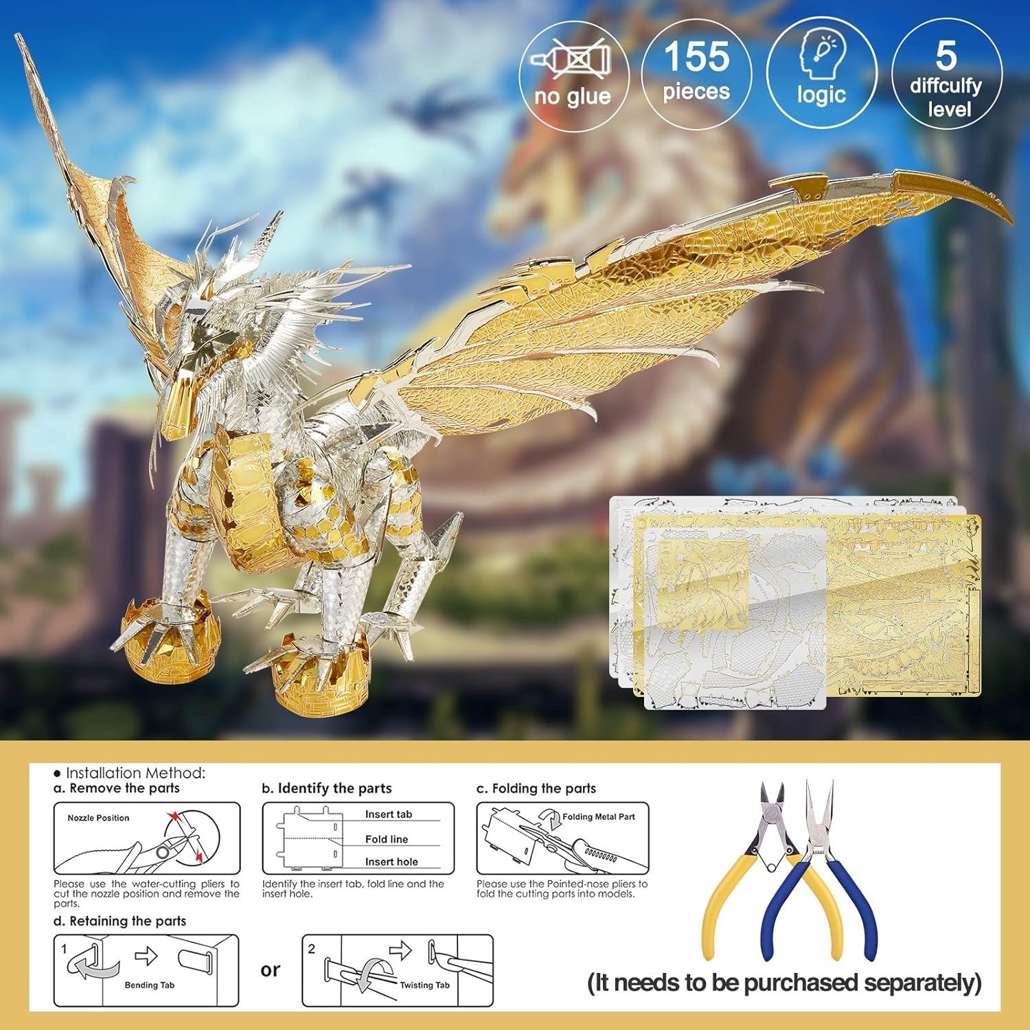 3D Metal Dragon Puzzle Model Kit for Adults - DIY Home Decor, 155 Pieces