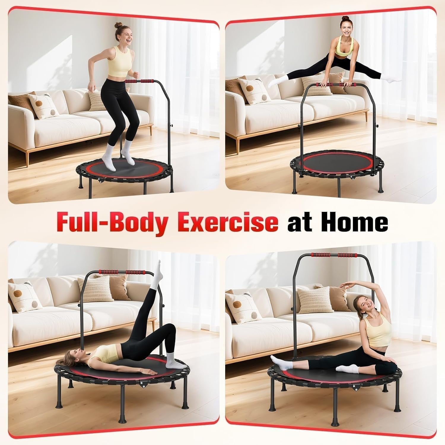40in Compact Foldable Rebounder Trampoline Adjustable T-Bar Indoor