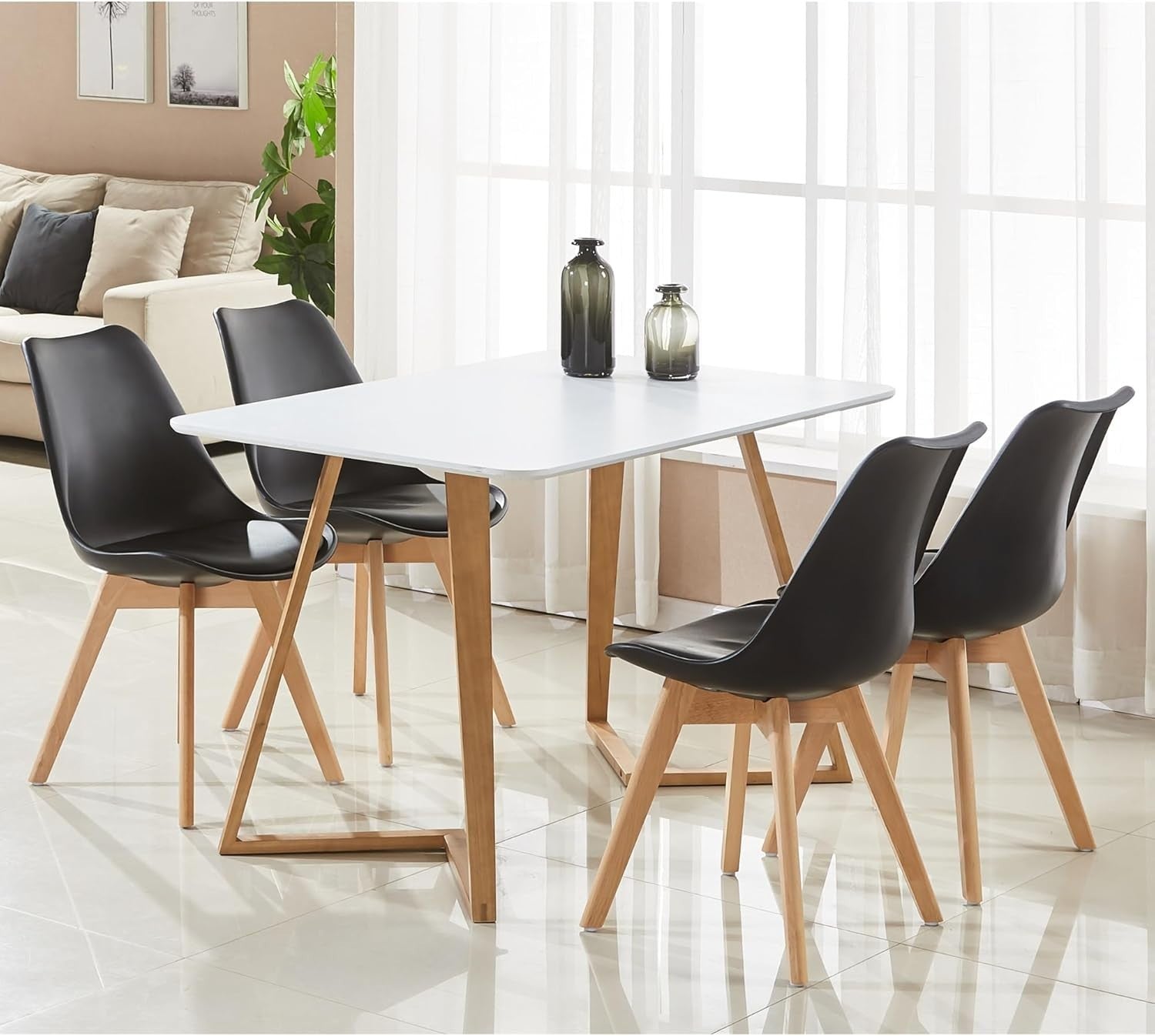 4-Seater Wooden Dining Table Set with PU Cushioned Seating
