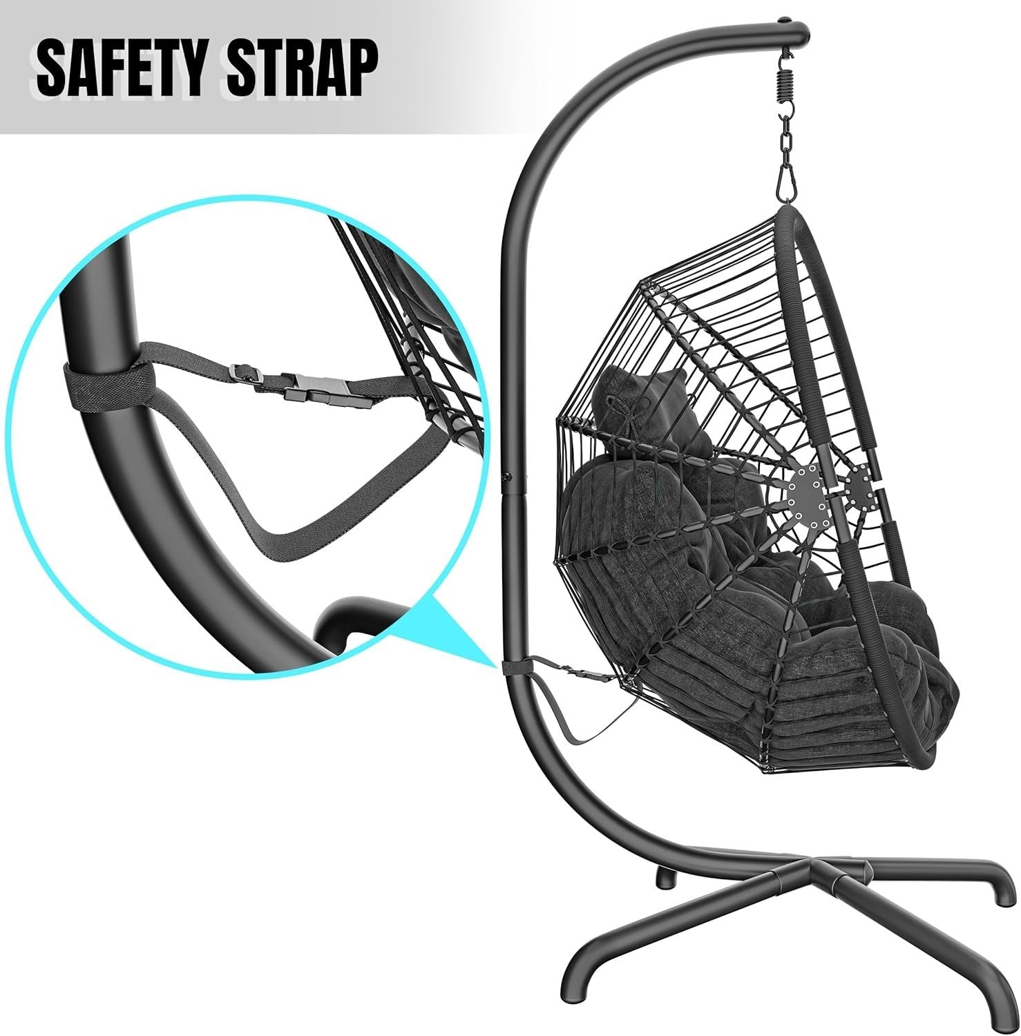 Foldable Rattan Egg Chair with Stand Outdoor Indoor Swing with Cushion