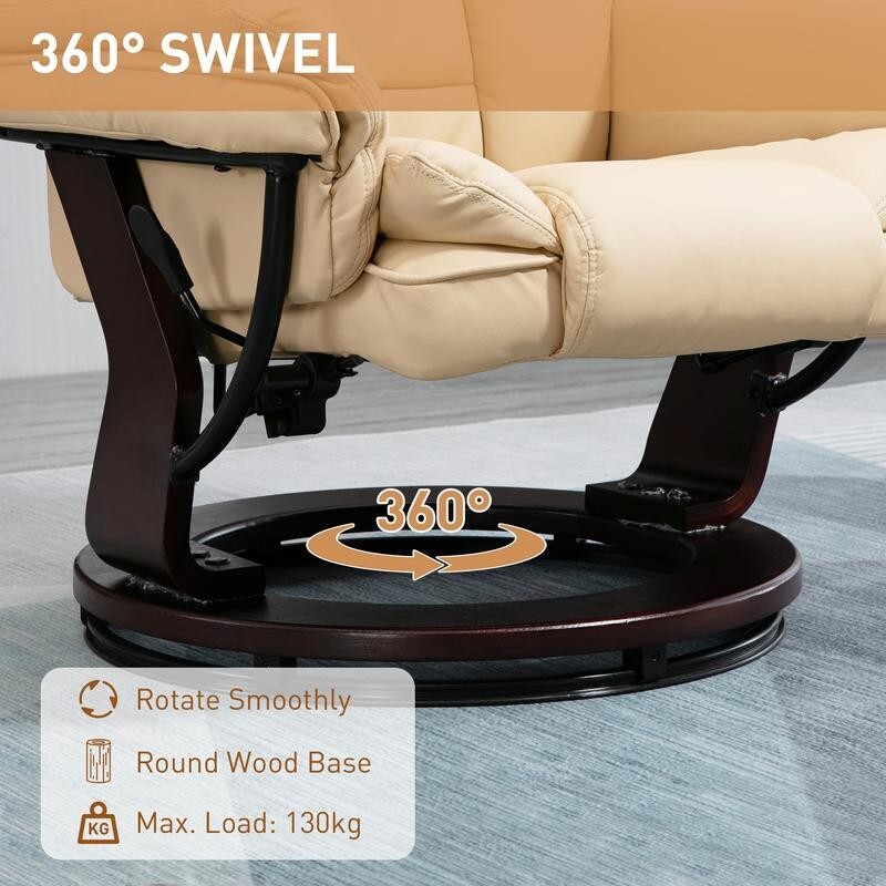 Recliner Chair & Footrest PU Leather Swivel Lounge Armchair w/ Wood Base