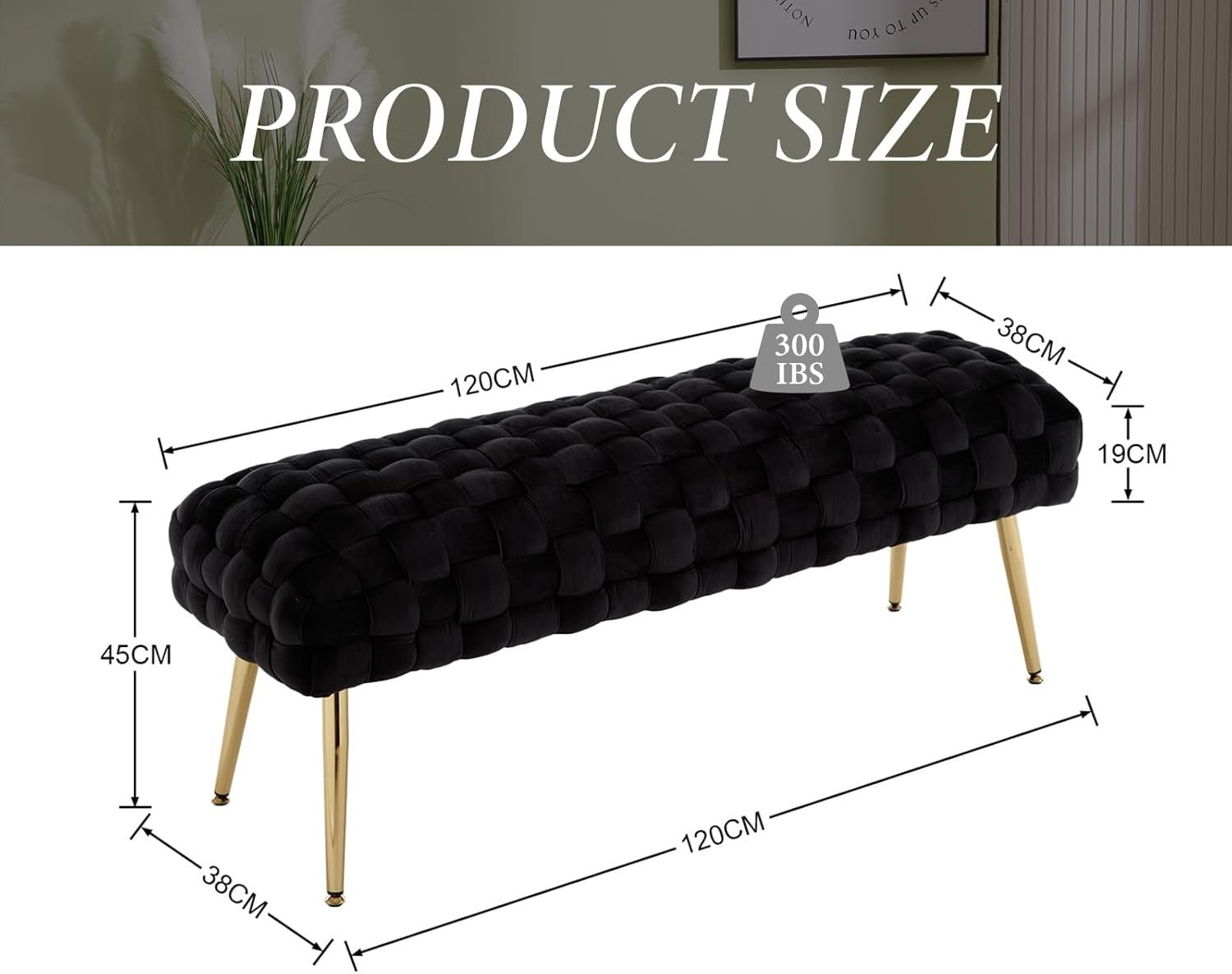 Velvet Ottoman Bench with Gold Metal Legs, Black Upholstered Entryway Seat