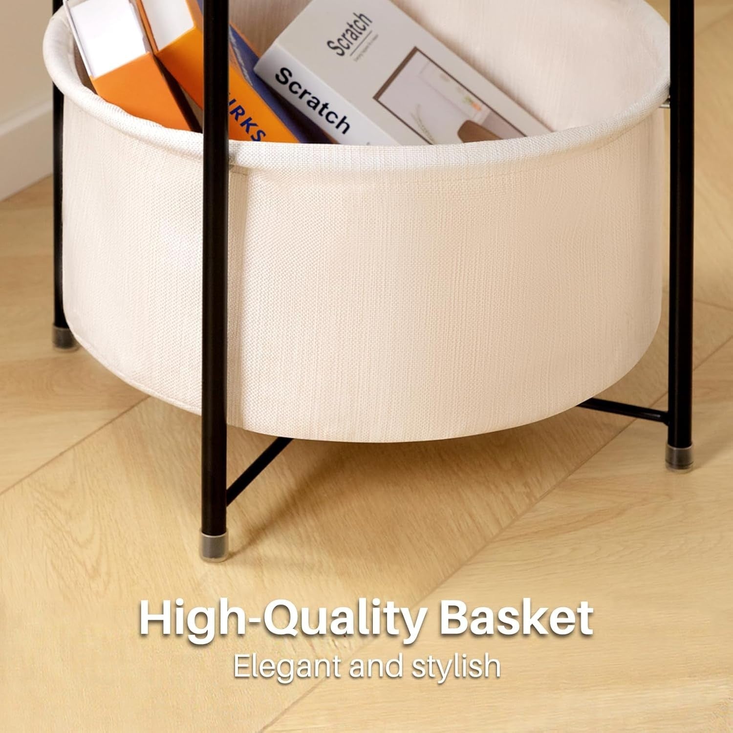 Round Side Table with Fabric Basket Storage Small Coffee Sofa Table