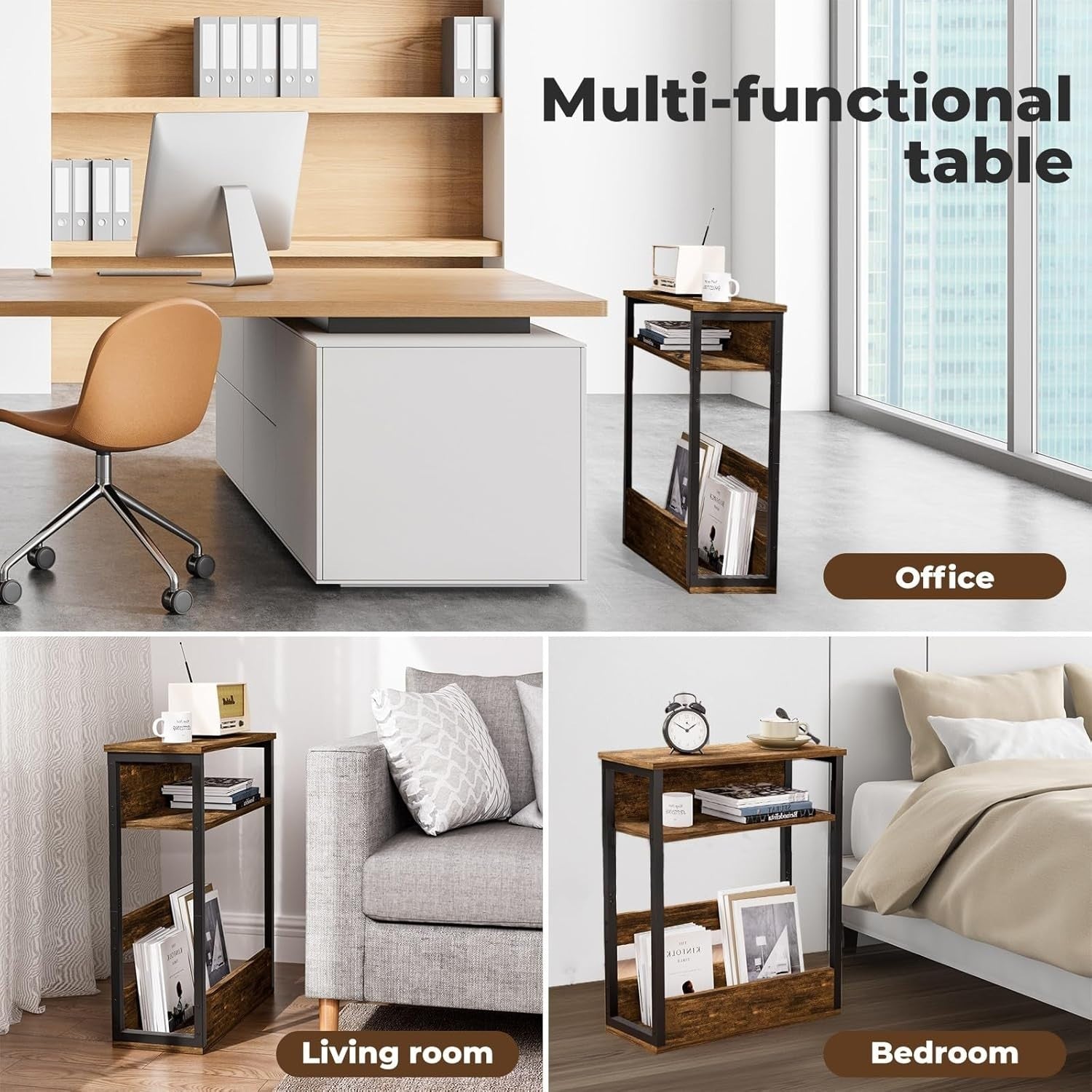 Space-Saving 3-Tier Side Table with Storage Shelf for Narrow Rooms Brown