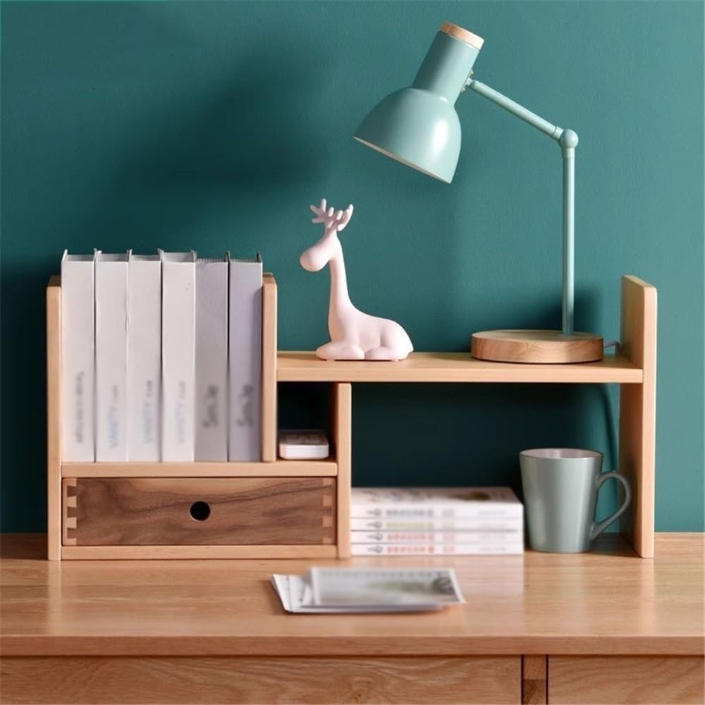Adjustable Desktop Bookshelf Wooden Expandable Organizer Shelf w/ Drawer