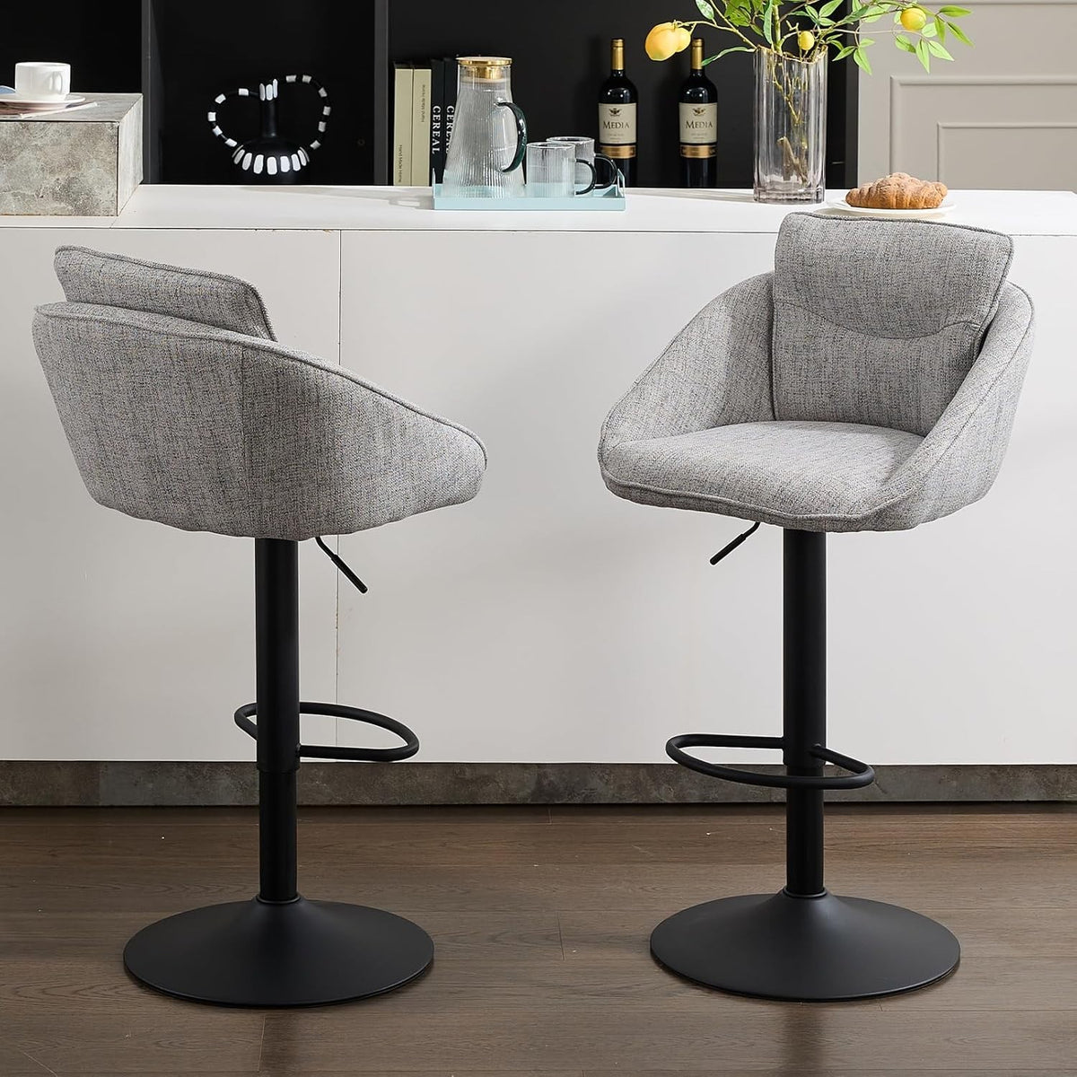 Adjustable Grey Linen Bar Stools Set of 2 Swivel Kitchen Counter