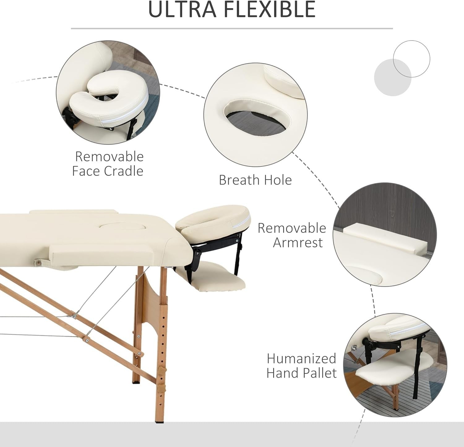 Portable Massage Table Folding 2-Section Wooden Beauty Spa Bed w/ Bag Cream