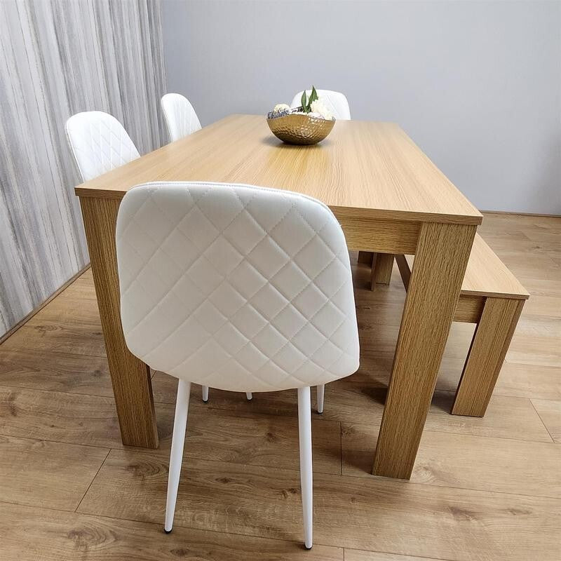 Oak Dining Table Set with 4 White Faux Leather Chairs & Bench, 6 Seater