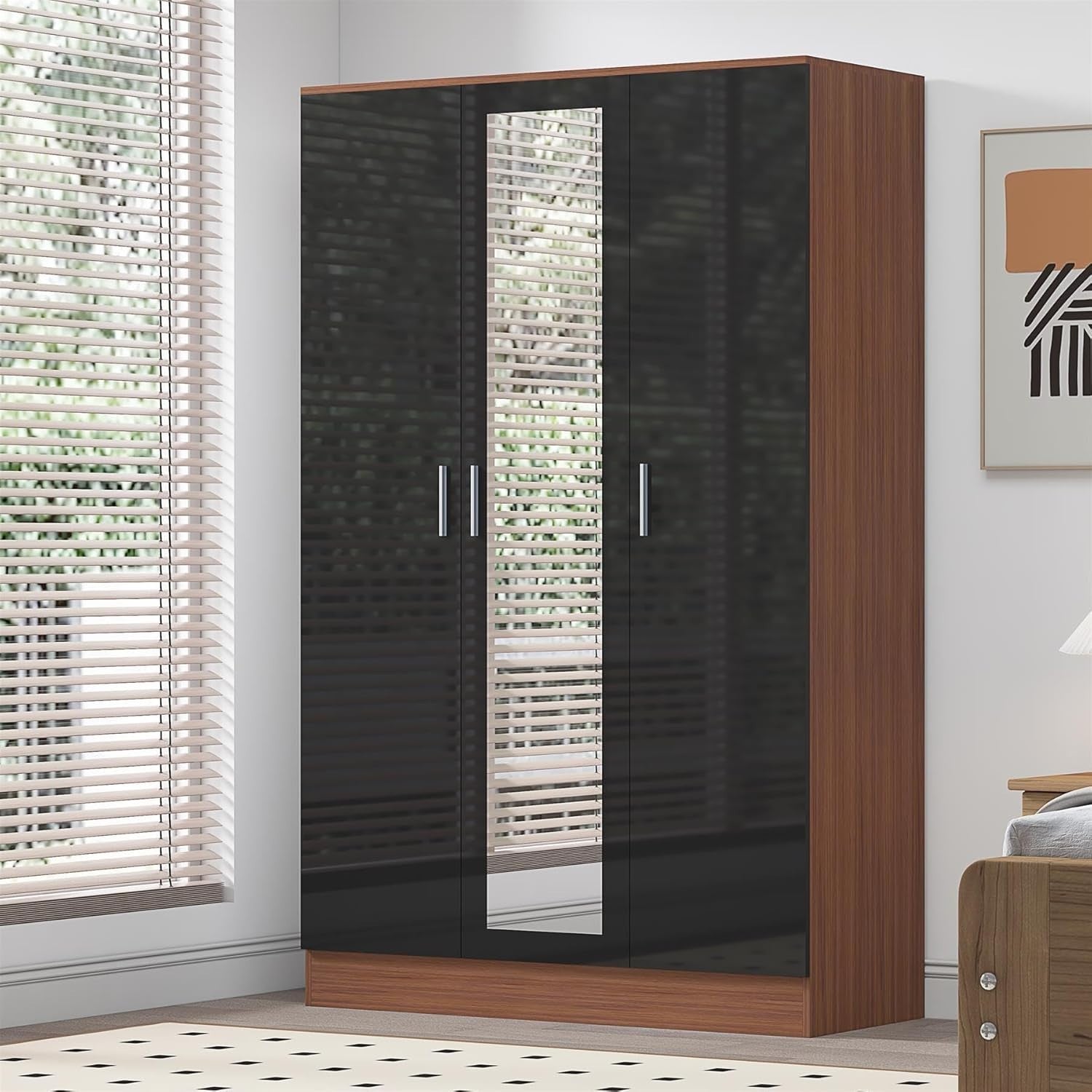 3 Door Mirrored Wardrobe Black Gloss & Walnut with Shelves & Hanging Rail