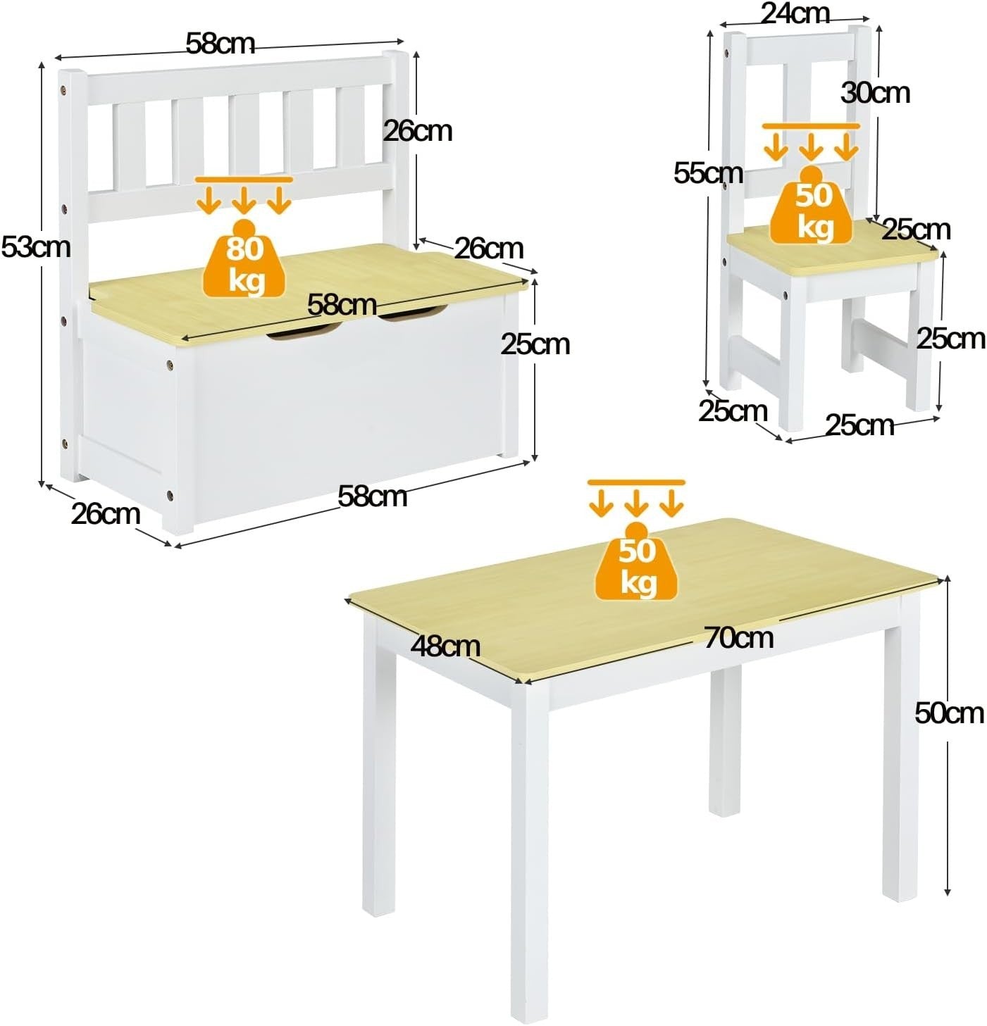 Kids Wooden Table Chair Set with Storage Bench 4pc Toddler Furniture