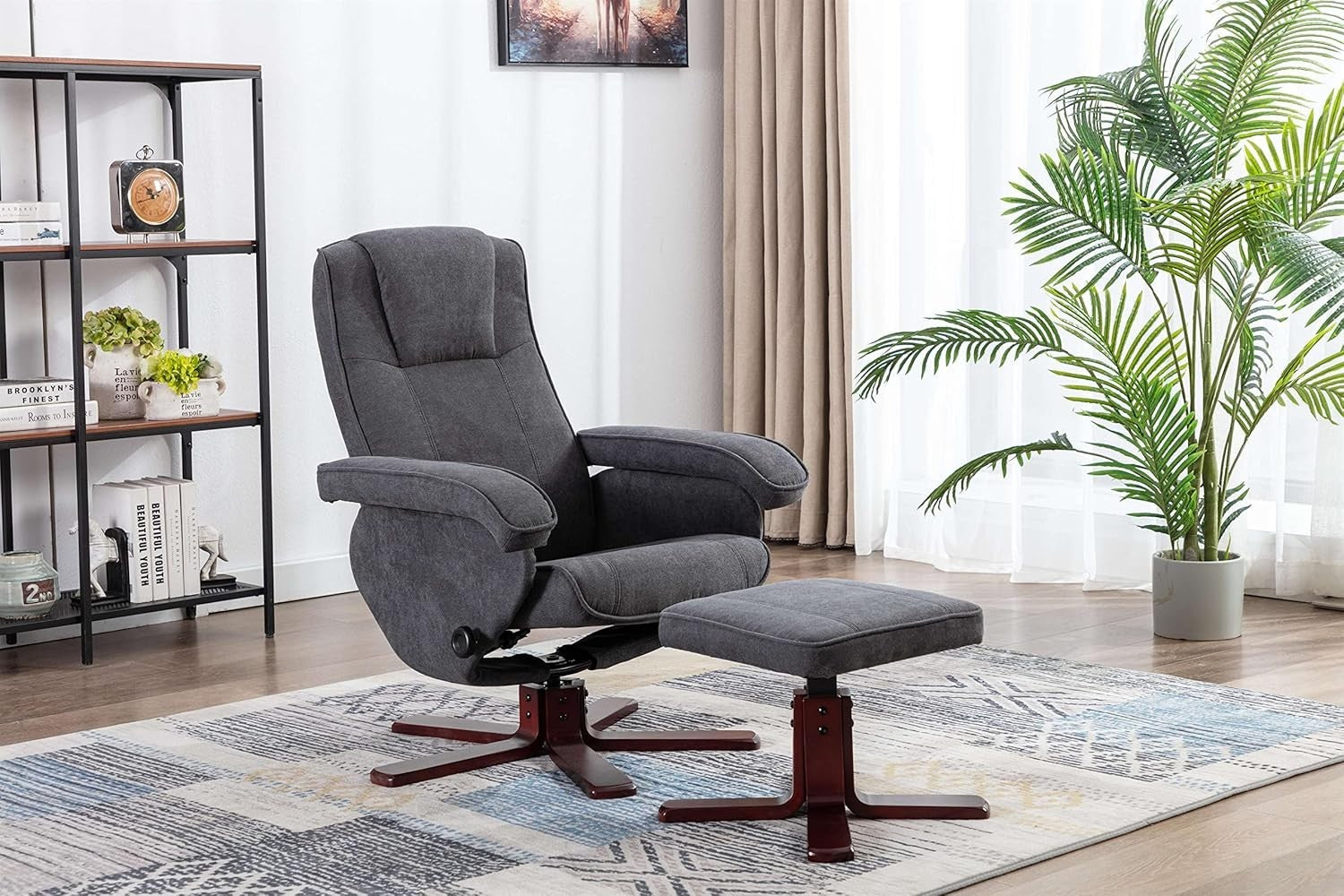 Recliner Armchair with Footstool Swivel Fabric Chair Lounge Seat Grey