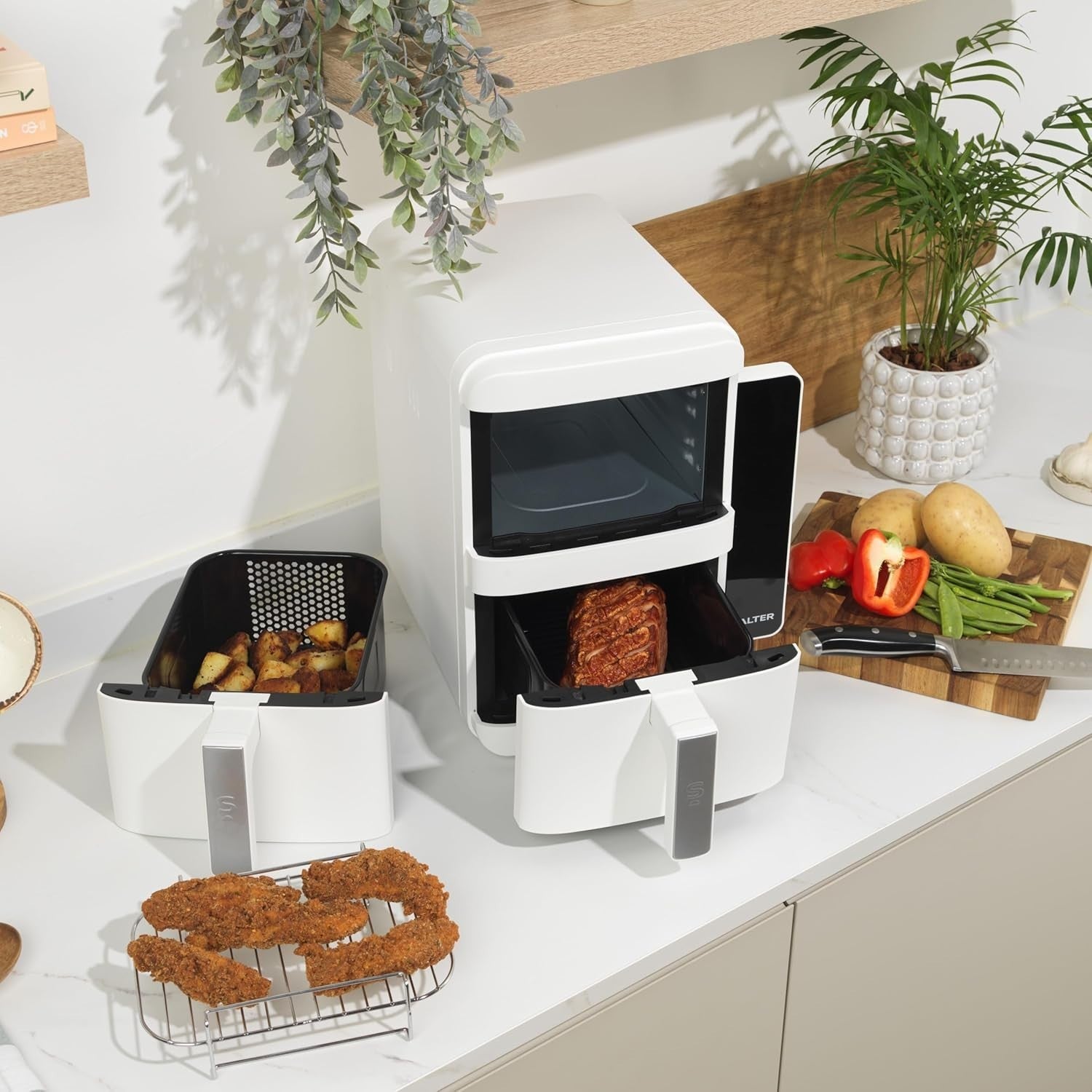 Vertical Dual Drawer Air Fryer 9L 9 Presets, 4-Level Cooking Sync/Match, 2400W