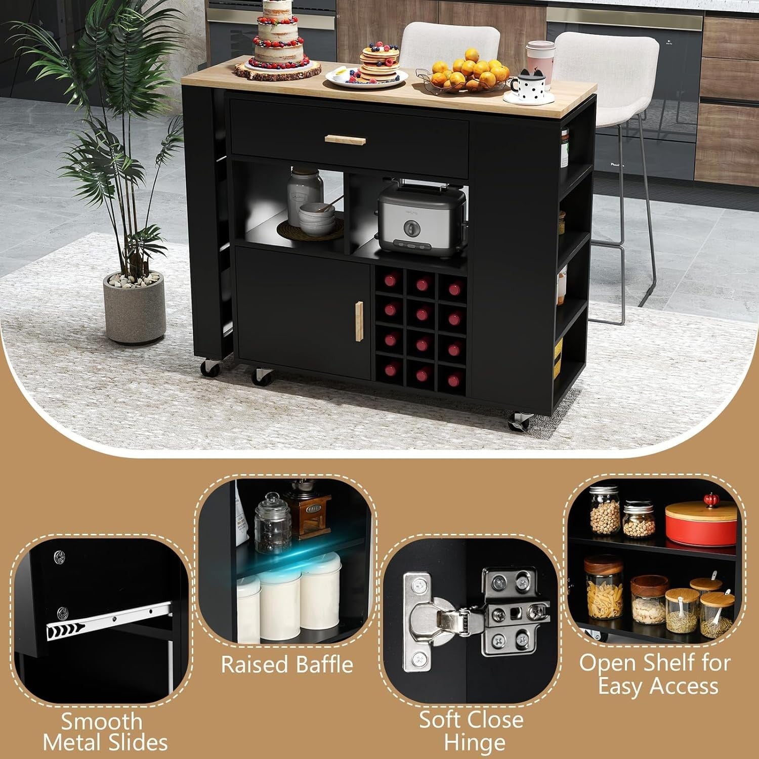 Rolling Kitchen Island Cart w/ Rotatable Worktop, Wine Rack & Lockable Wheels