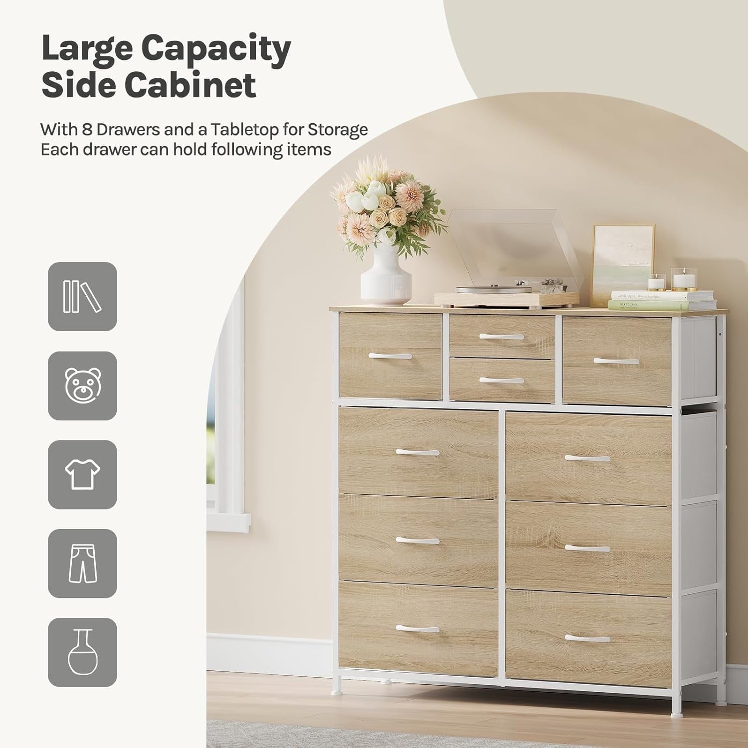 Tall Chest of Drawers 10 Fabric Storage Unit Light Oak White Metal Frame