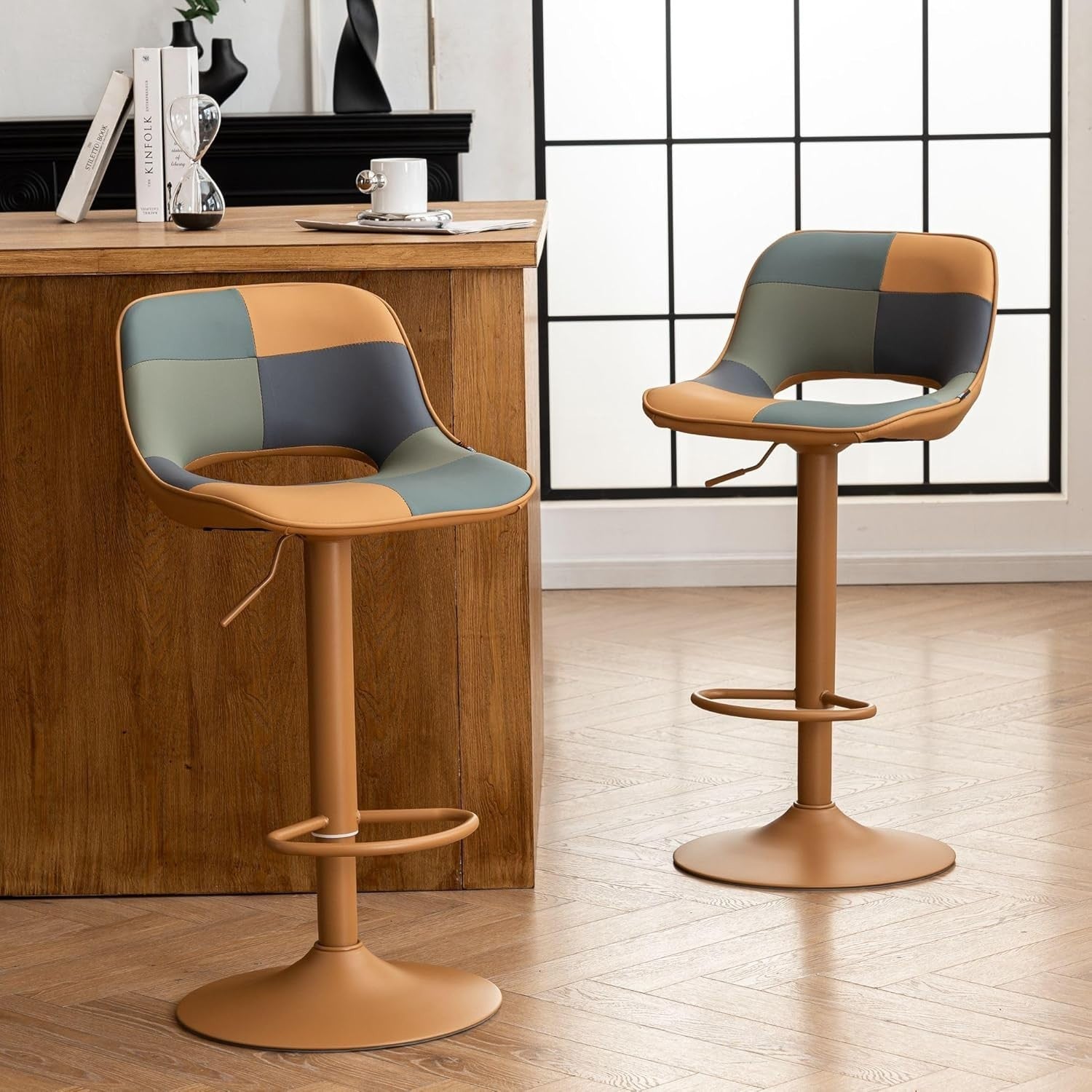Adjustable Swivel Bar Stools 2pcs Faux Leather Counter Height Tan
