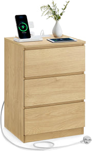Oak Bedside Table with Charging Station, 3 Drawers, USB & AC Ports, Modern