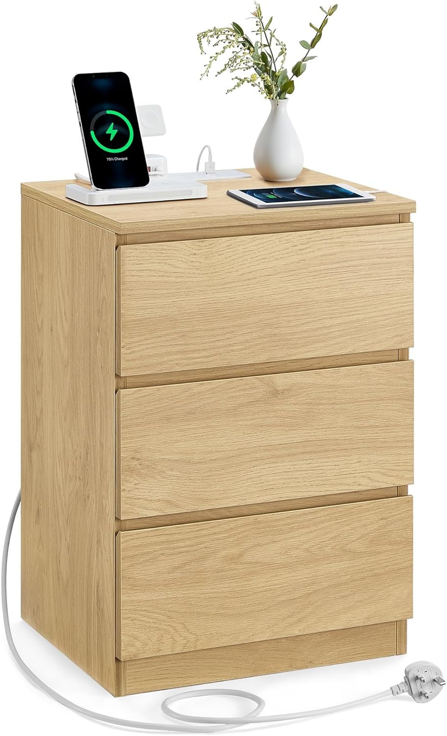 Oak Bedside Table with Charging Station, 3 Drawers, USB & AC Ports, Modern