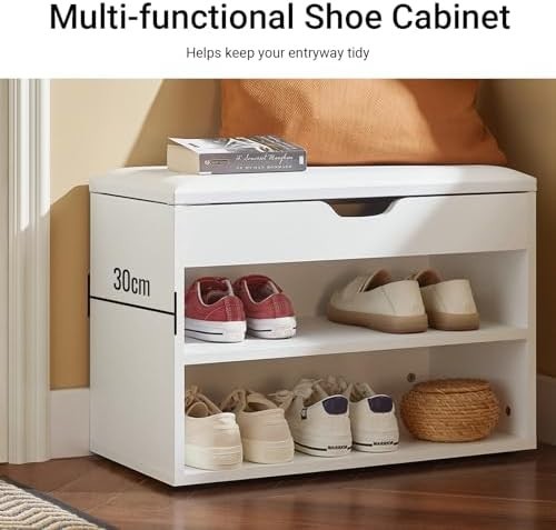 White Shoe Storage Bench with Padded Seat & 2 Tiers – Hallway Rack