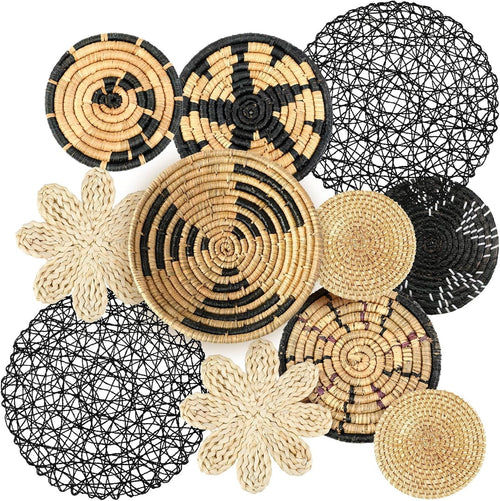 Boho Wall Basket Decor Set 11pcs – Rustic Bulrush Woven Round CLR