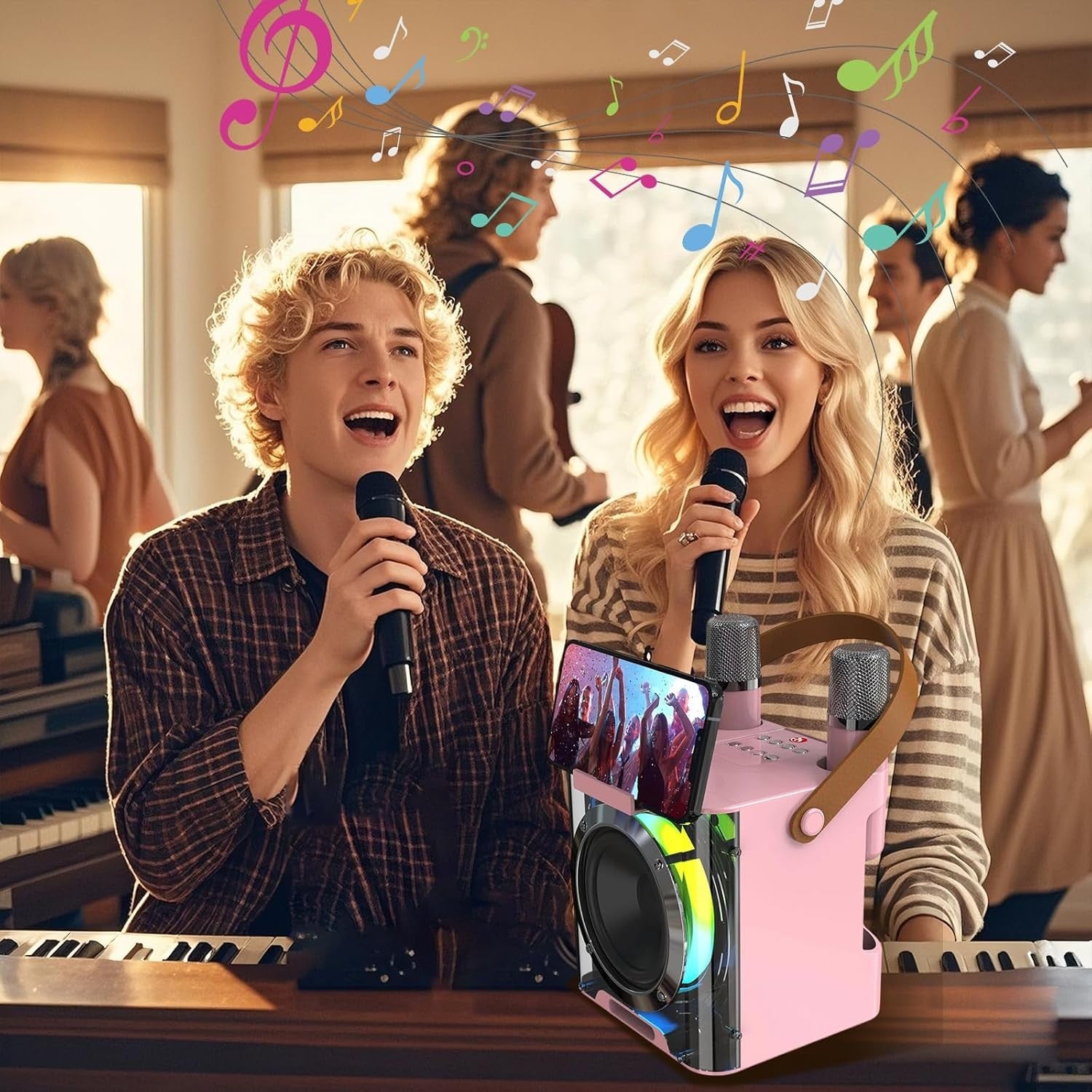 Portable Karaoke Machine 2 Wireless Mics LED