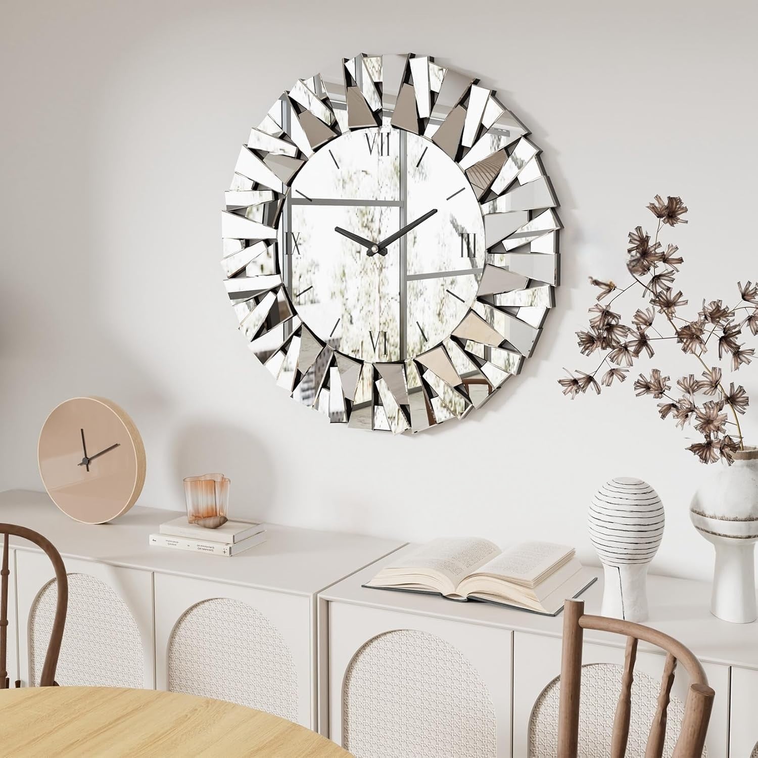 80cm Bevelled Mirror Wall Clock Silent Roman Luxury Glass Decor Round
