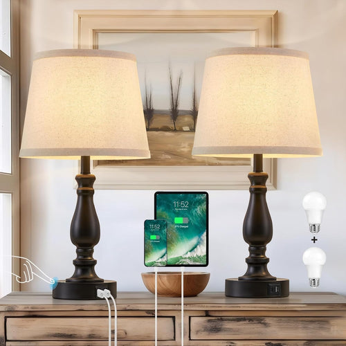 Touch Control Bedside Lamps Set of 2 with USB C+A Ports, Dimmable Nightstand Lig