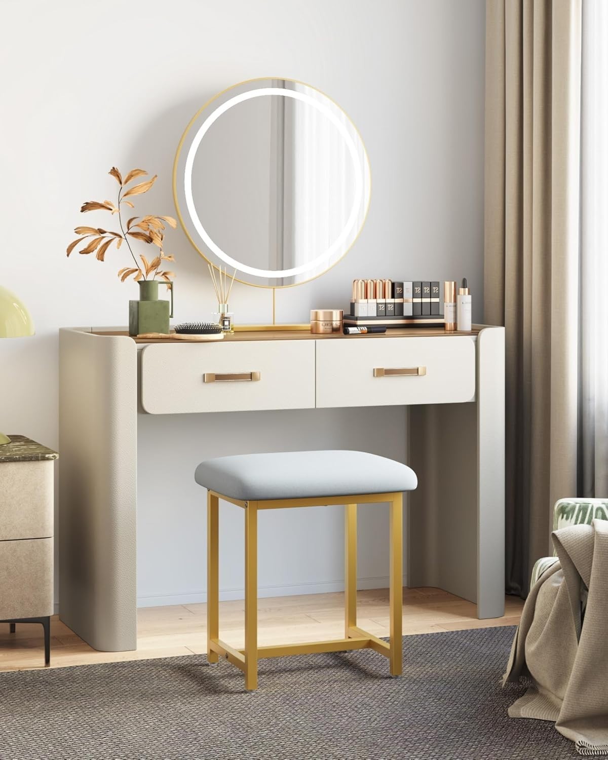 White Gold Vanity Stool Soft Padded Modern Dressing Table Seat 41x30x45cm