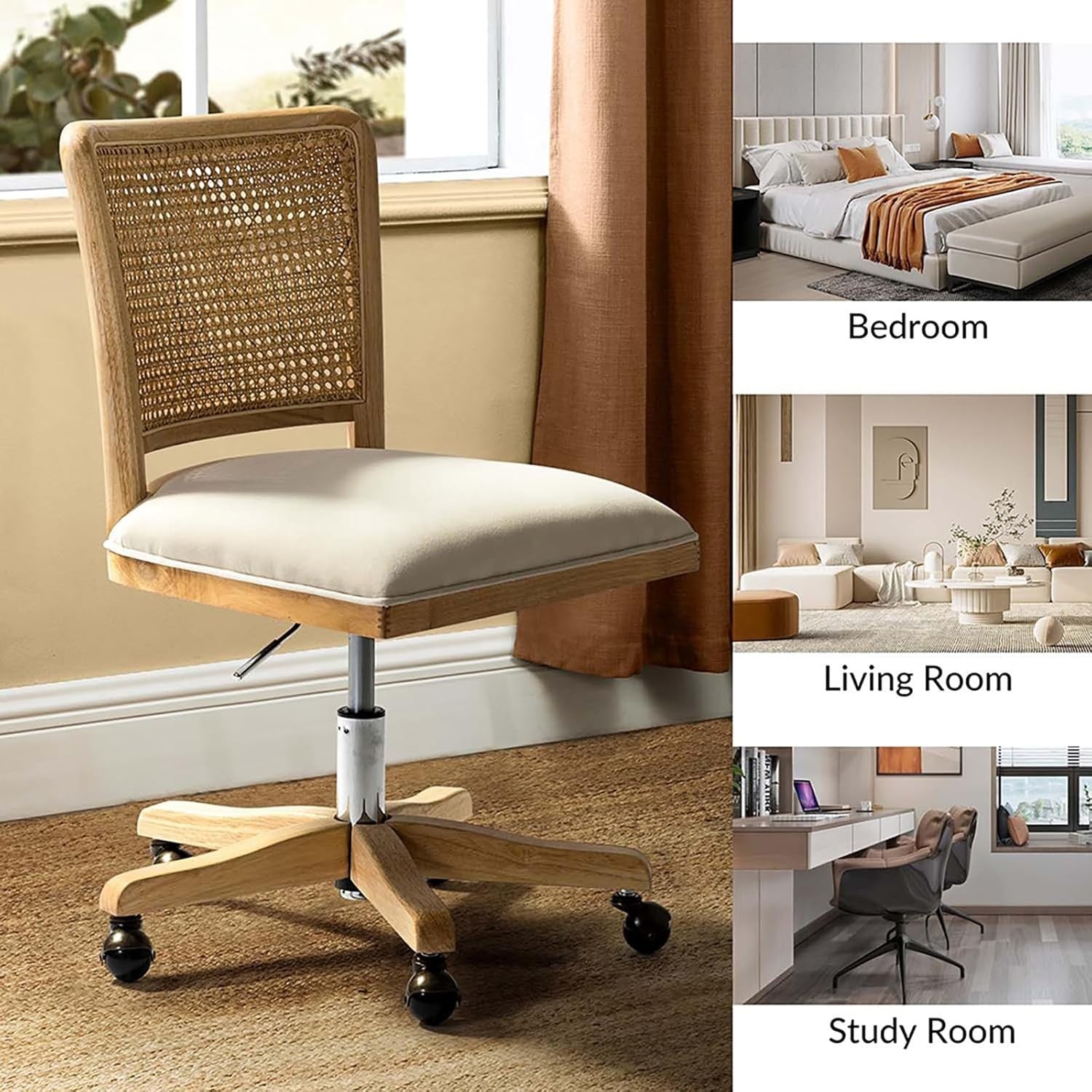 Beige Swivel Office Chair Adjustable Height Upholstered Rattan Desk Seat