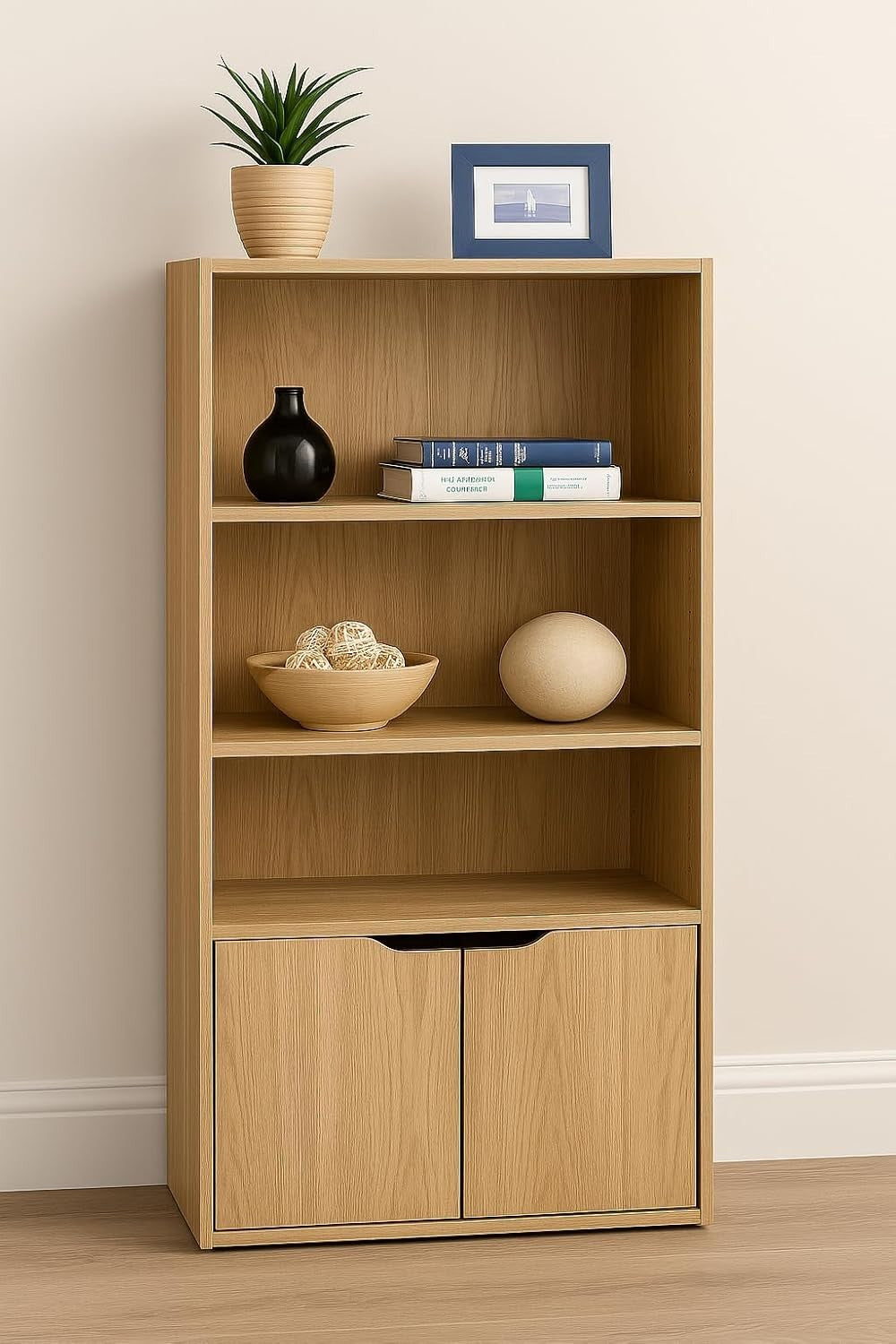 3-Shelf Oak Bookcase – Compact Wooden Storage Unit with Anti-Tip Kit