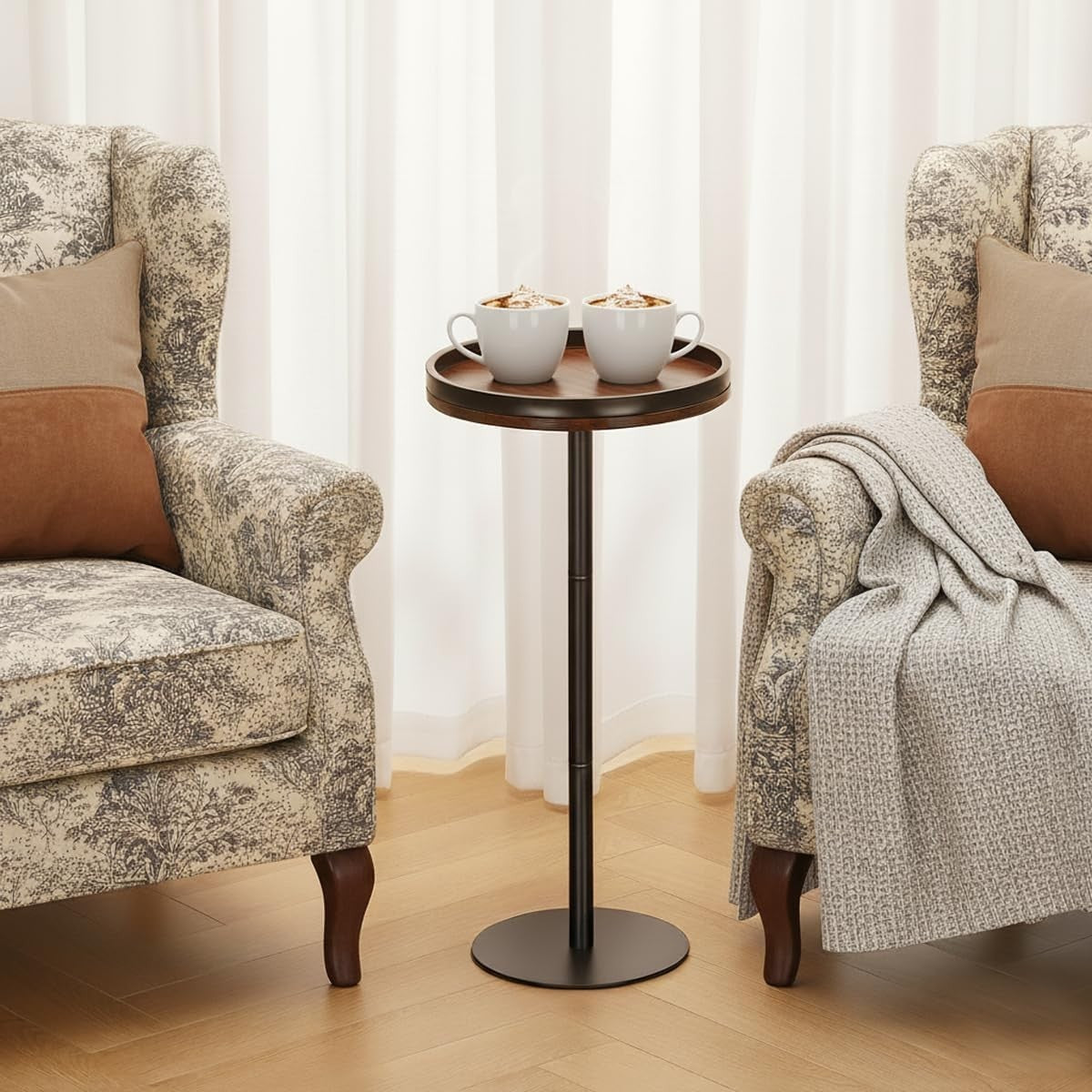 Small Round Coffee Table – 30x30x63cm Side Table Rustic Brown