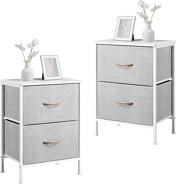 Modern Bedside Tables Set of 2 with Fabric Drawers & Metal Frame Light Grey