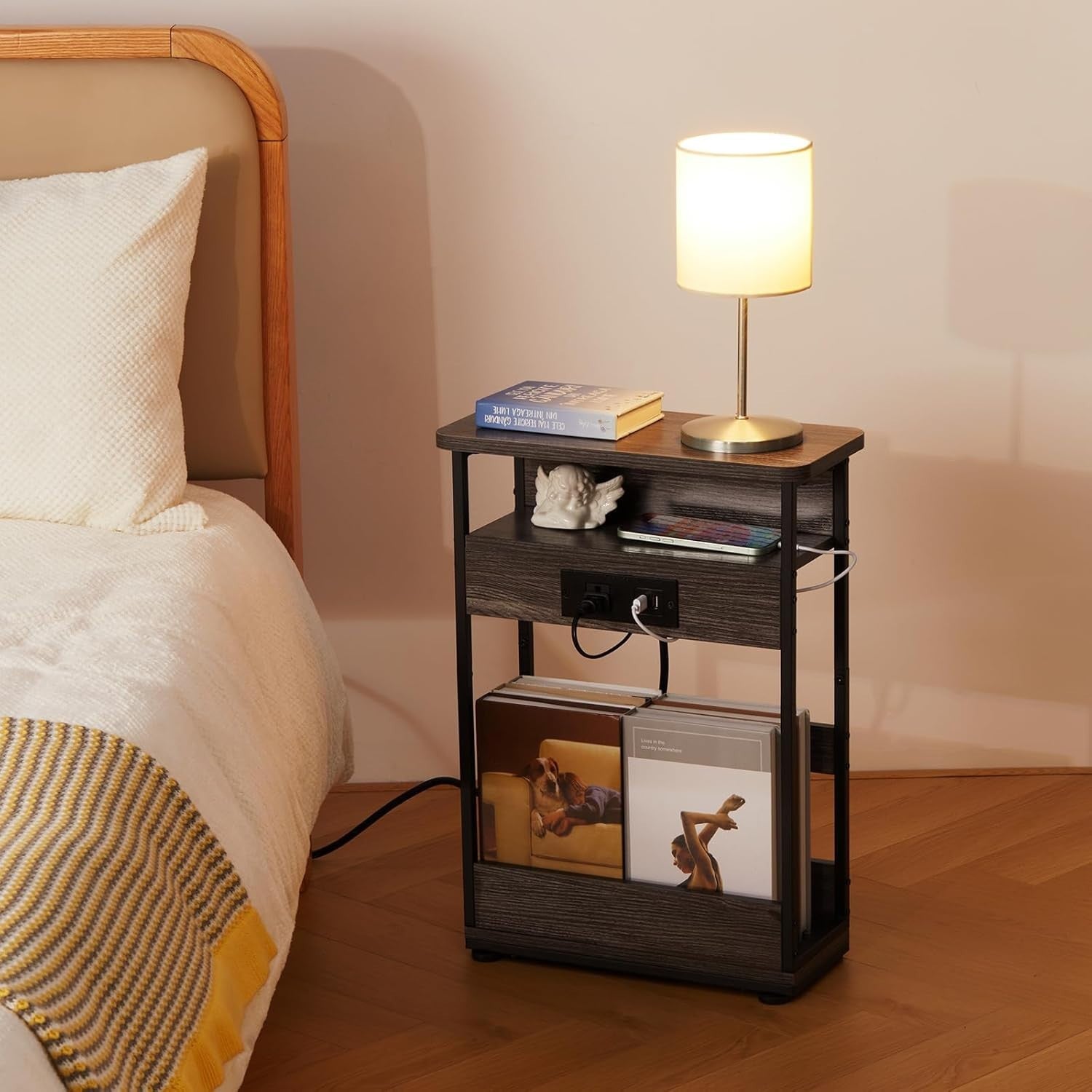 Grey Narrow Side Table with USB & Outlets – 3-Tier Slim Bedside Unit
