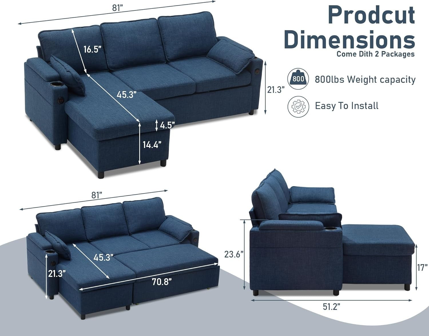 Pull Out Blue L Shape Sectional Sofa Bed with USB -  Cup Holder & Storage