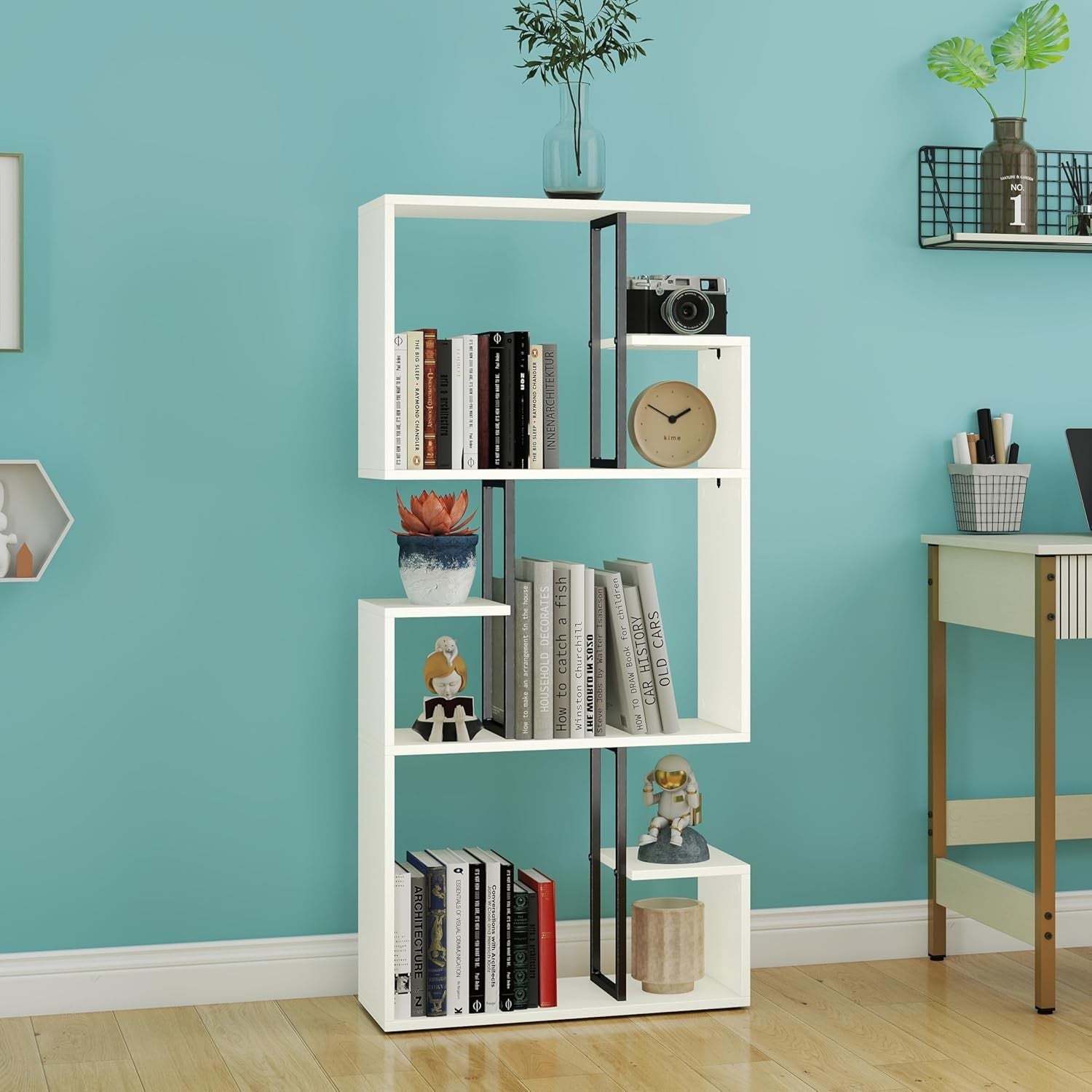 White 3-Tier Slim Bookcase Room Divider, Asymmetric Display Storage Shelf