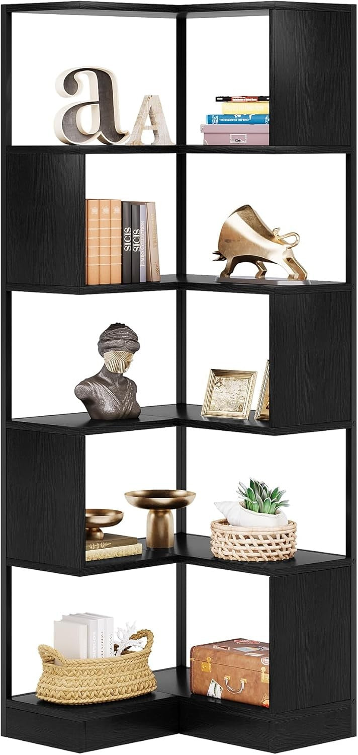 Tall 6-Tier Corner Bookshelf | 180cm Space-Saving Metal & Wood Display Storage U