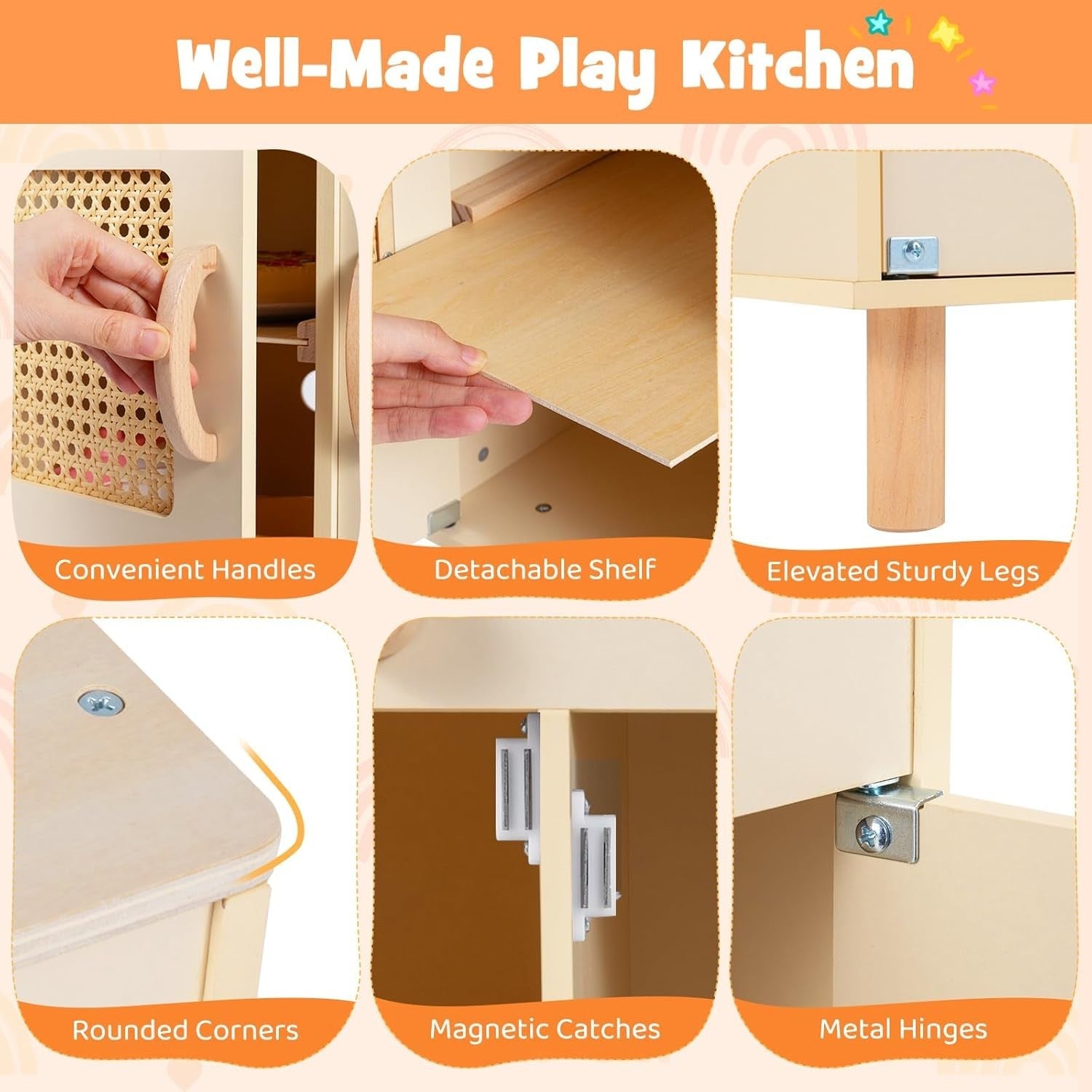 Kids Wooden Play Kitchen w/ Ice Maker Sink Yellow Toy Set