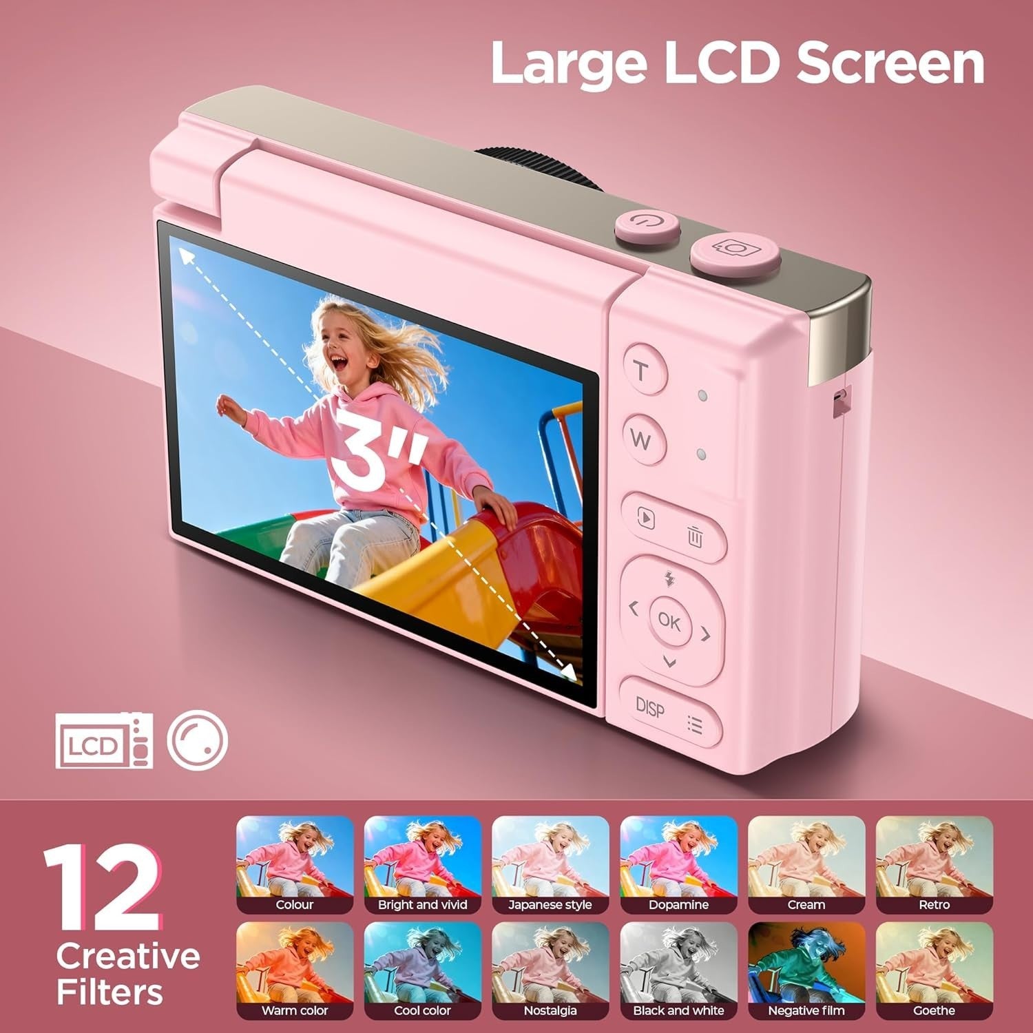 Pink 4K 64MP Vlogging Camera Flip Screen 16X Zoom Compact Camera