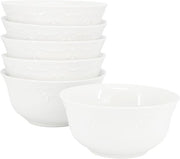 6pc White Porcelain Bowl Set 6.1in Embossed Rim Serving Bowls