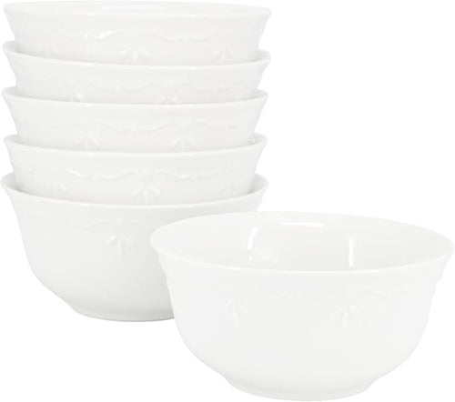 6pc White Porcelain Bowl Set 6.1in Embossed Rim Serving Bowls