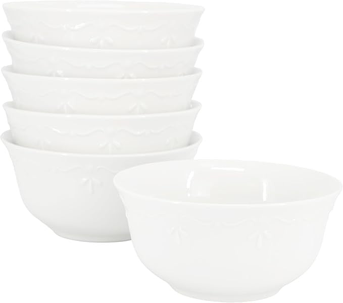 6pc White Porcelain Bowl Set 6.1in Embossed Rim Serving Bowls