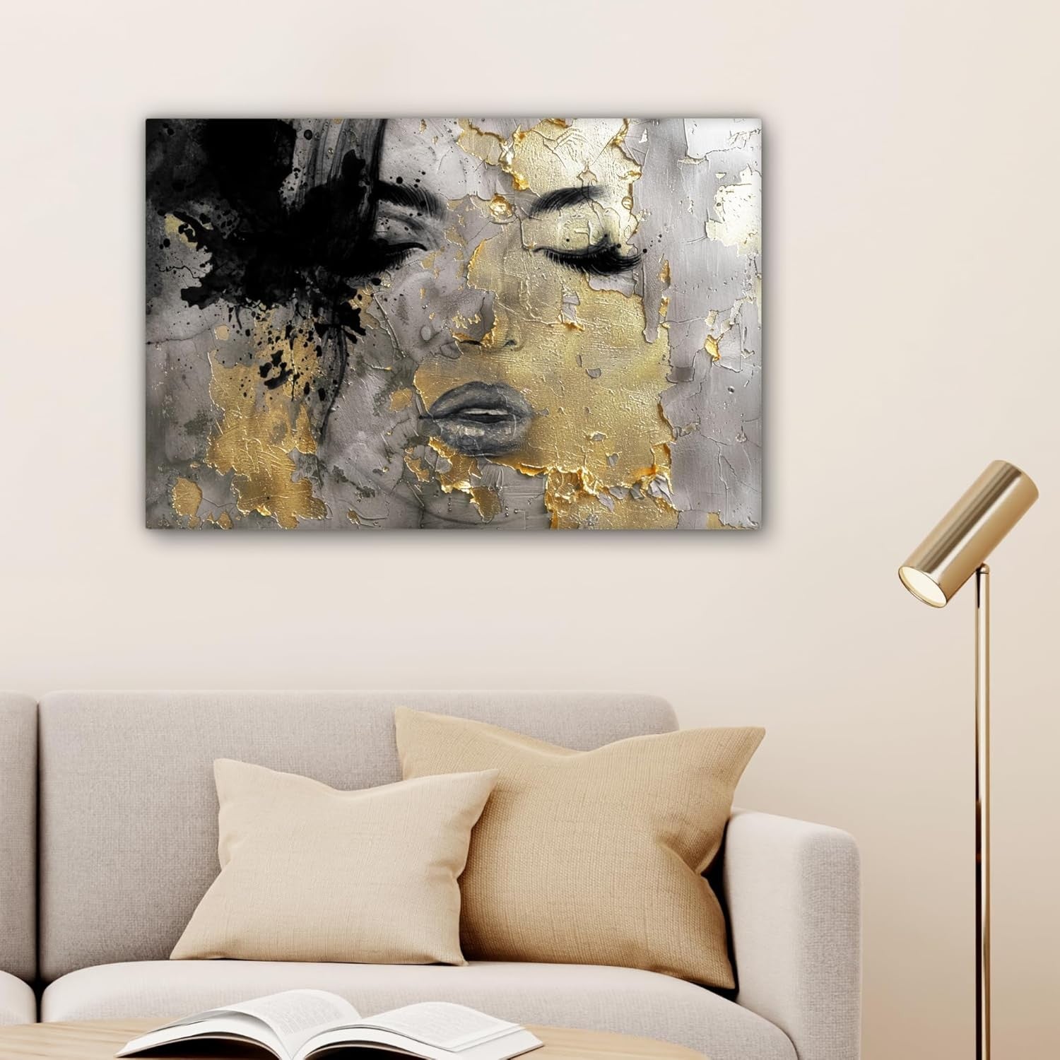 Large Framed Canvas Wall Art 60x40cm Gold Black Abstract Woman