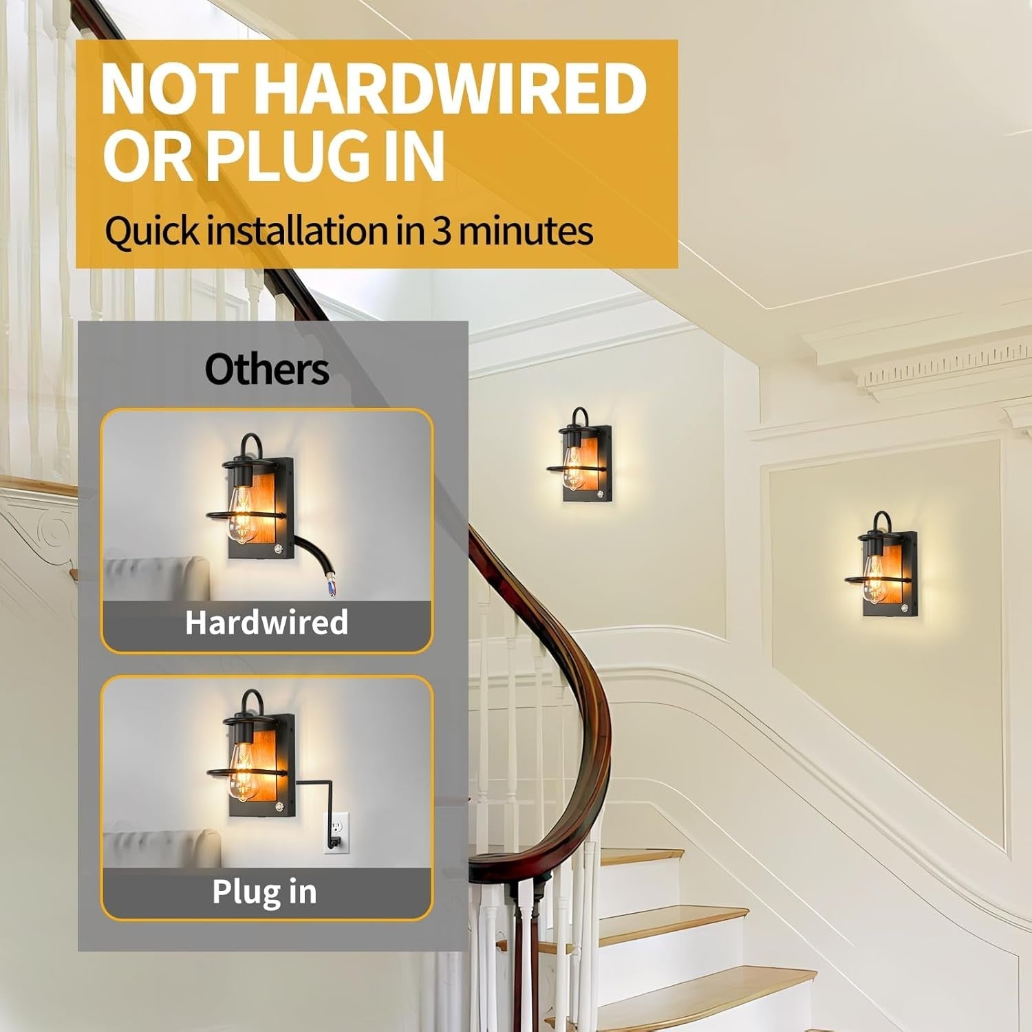 Dimmable Wireless Battery Wall Sconce Set, USB Rechargeable, Faux Wood Lamp